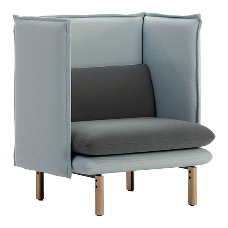 Light blue and gray upholstered chair with simple patterns and wooden legs, offering a contemporary design.