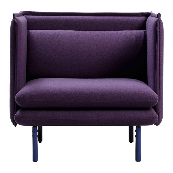 Purple upholstered chair with a sleek design and modern blue legs, offering a minimalist aesthetic.