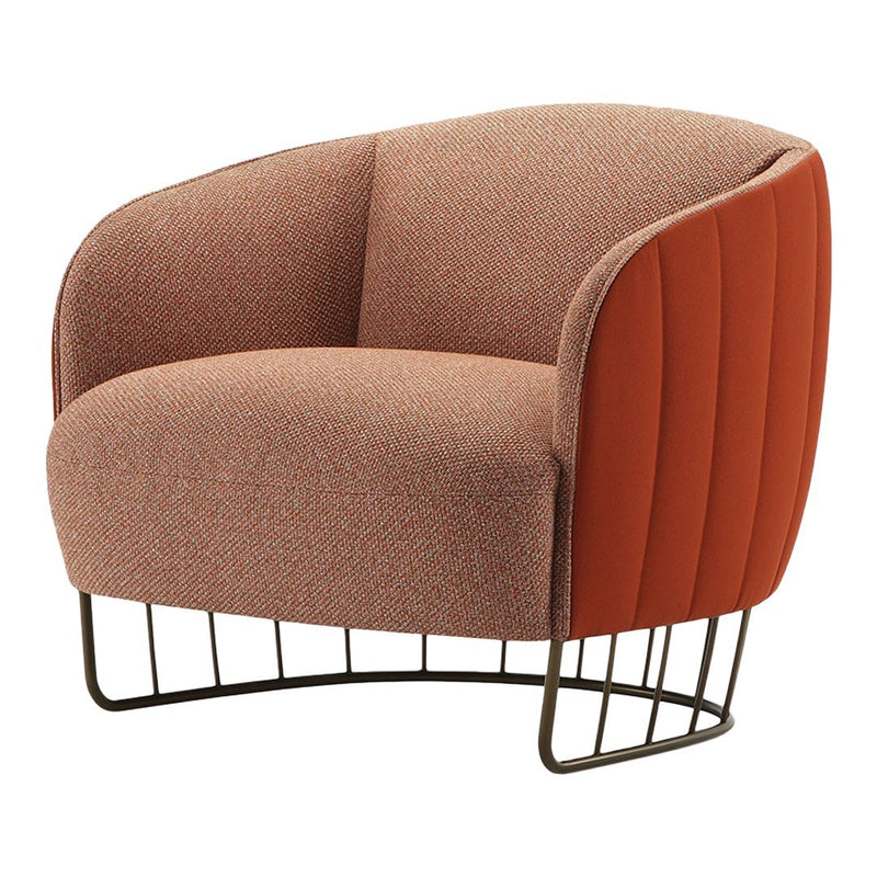 Stylish upholstered chair featuring a blend of warm orange and muted pink hues with a textured, ribbed pattern.