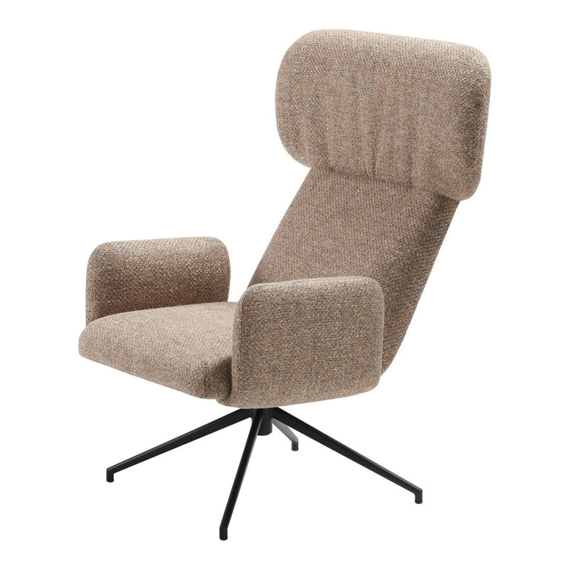 Stylish tan armchair with a textured fabric pattern and black metal base, perfect for modern interiors.