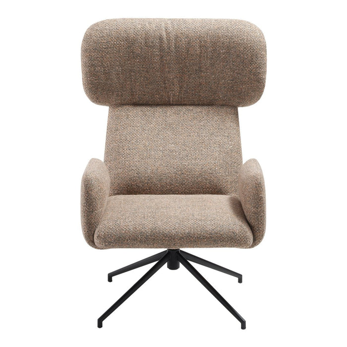 Tan textured armchair with a modern design and black metal base, featuring a smooth, minimalist pattern.