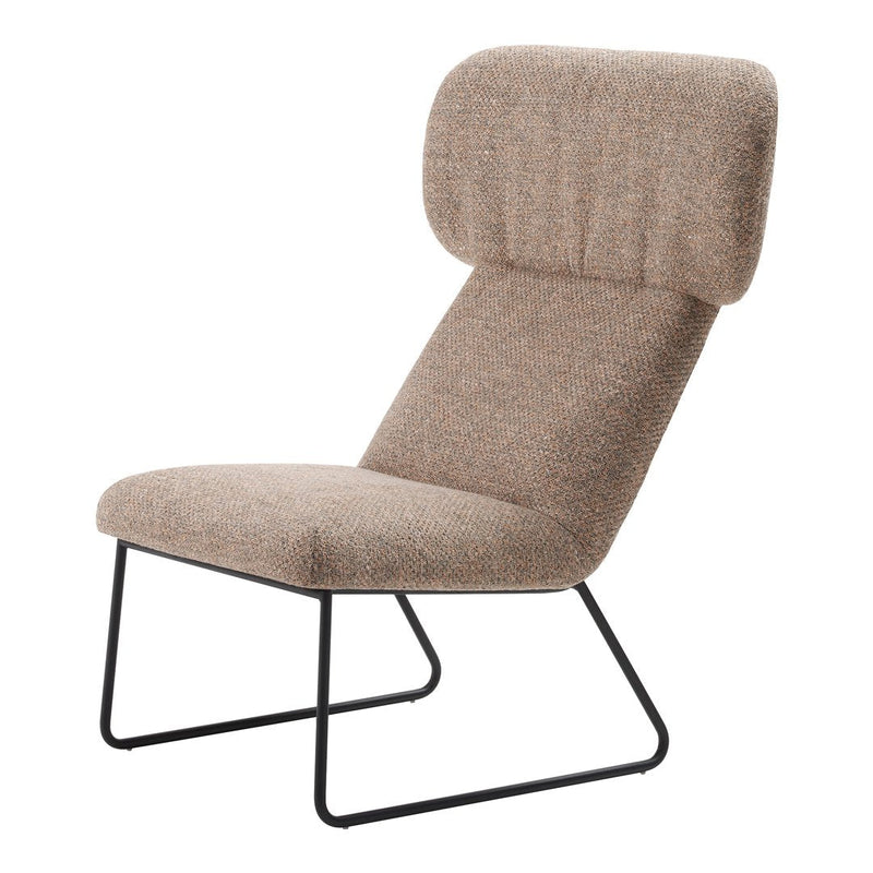 Brown textured fabric lounge chair with a sleek black metal frame, featuring a minimalist design and modern vibe.