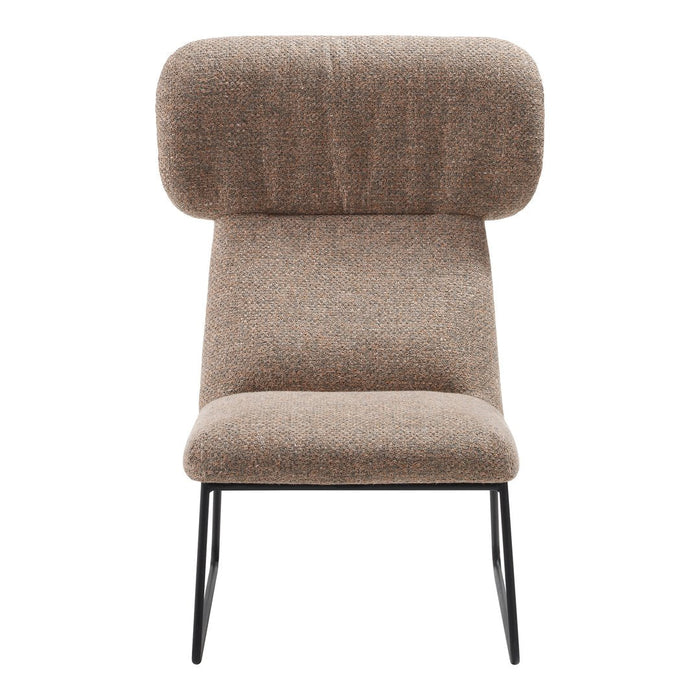 Brown textured fabric armchair with a high back and minimalist black metal legs. Perfect for modern interiors.