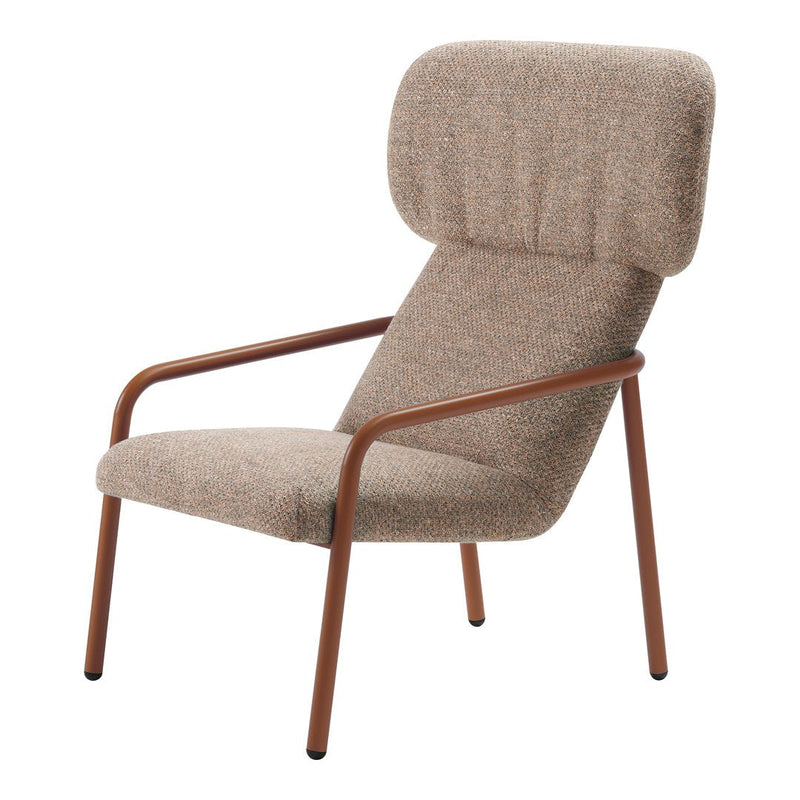 Brown upholstered armchair with a textured pattern and wooden frame, featuring a high backrest for comfort.