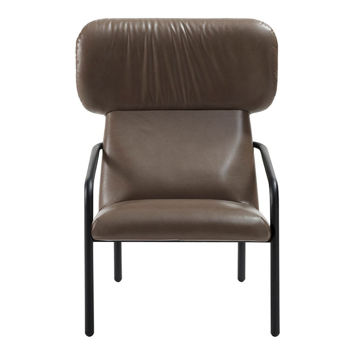 Brown leather armchair with a sleek black metal frame and a modern, minimalist design.