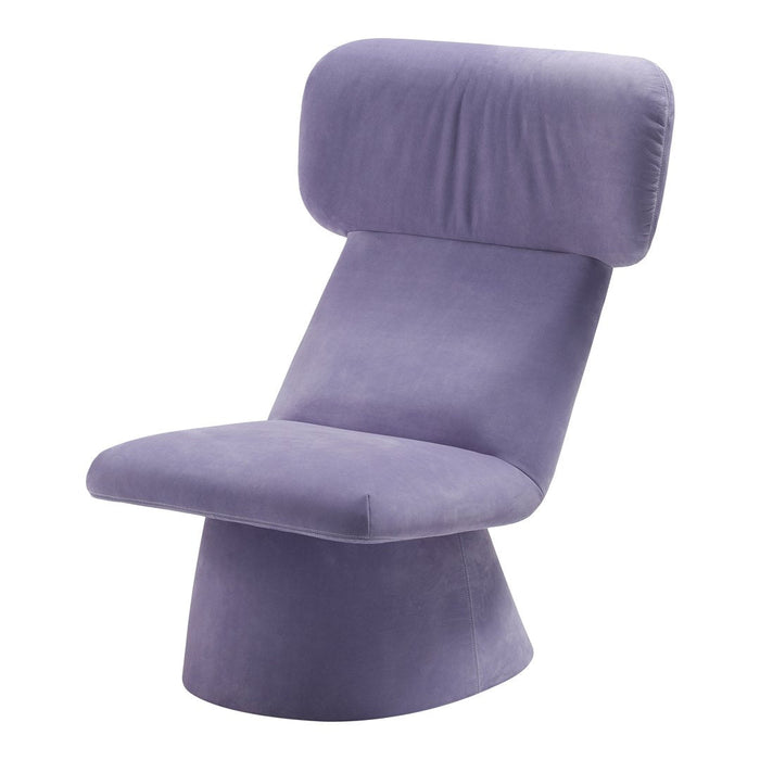 Purple upholstered modern lounge chair with a smooth, sleek design and minimalist style.