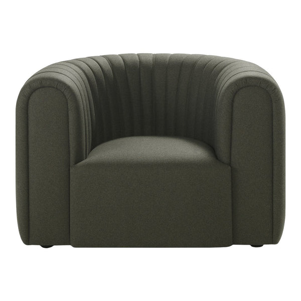 Stylish dark green upholstered armchair with ribbed pattern and curved design. Perfect for modern decor.