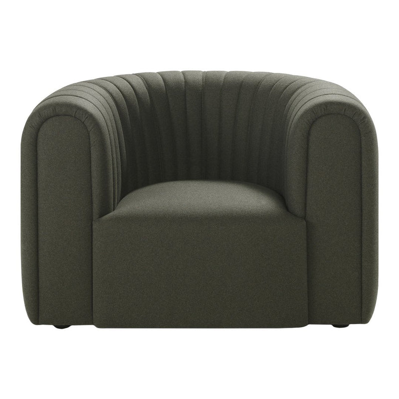Stylish dark green upholstered armchair with ribbed pattern and curved design. Perfect for modern decor.