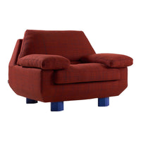 Red plaid armchair with blue legs, featuring a cozy and textured upholstery design. Perfect for vibrant decor.
