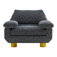 Gray textured fabric armchair with yellow geometric legs, ideal for modern decor.