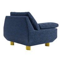 Blue textured fabric armchair with gold legs, featuring a modern geometric pattern and sleek design.