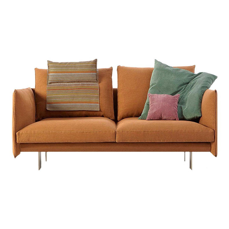 Orange sofa with multi-colored striped and solid cushions in green, pink, and blue, featuring modern design elements.
