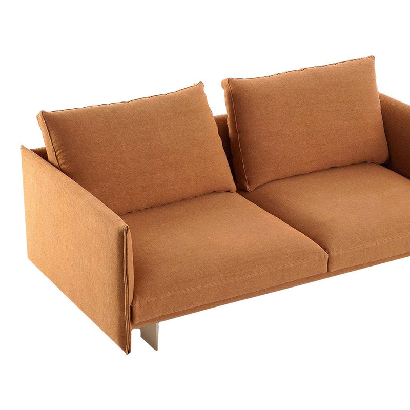 Rust orange sofa with a sleek design, featuring two plush cushions and a minimalist metal base.