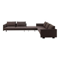 Brown sectional sofa with a minimalist design, featuring textured fabric and clean lines for a modern look.