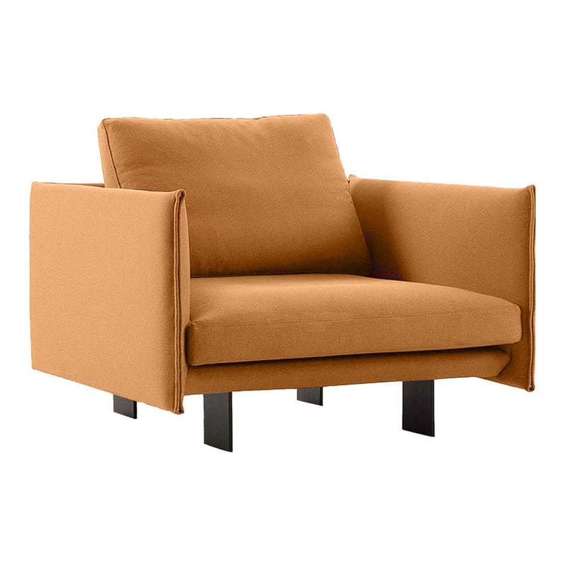 Modern orange chair with a minimalist design and clean lines, featuring solid black legs for a stylish contrast.
