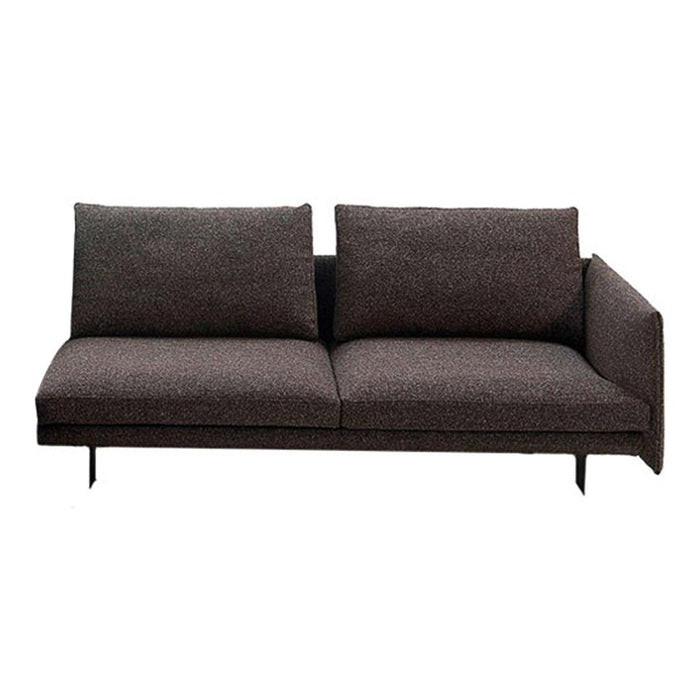 Modern two-seater sofa in dark gray upholstery with subtle texture and clean lines, featuring black metal legs.