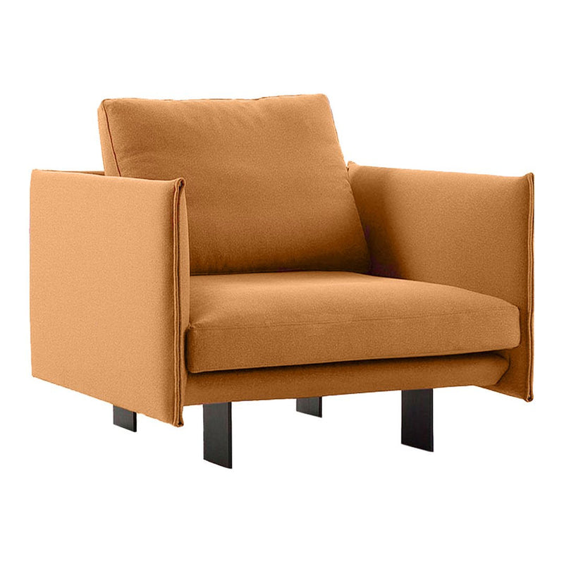 Rust-orange upholstered armchair with minimalist design and black metal legs. Perfect for contemporary interiors.