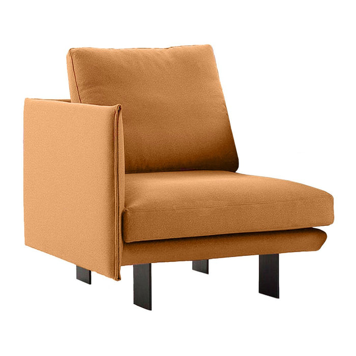 Tan upholstered chair with a minimalist design and black legs, perfect for modern home decor.