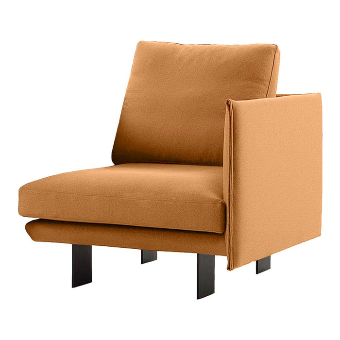 Rust orange fabric accent chair with minimalist design and solid black legs, perfect for modern home decor.