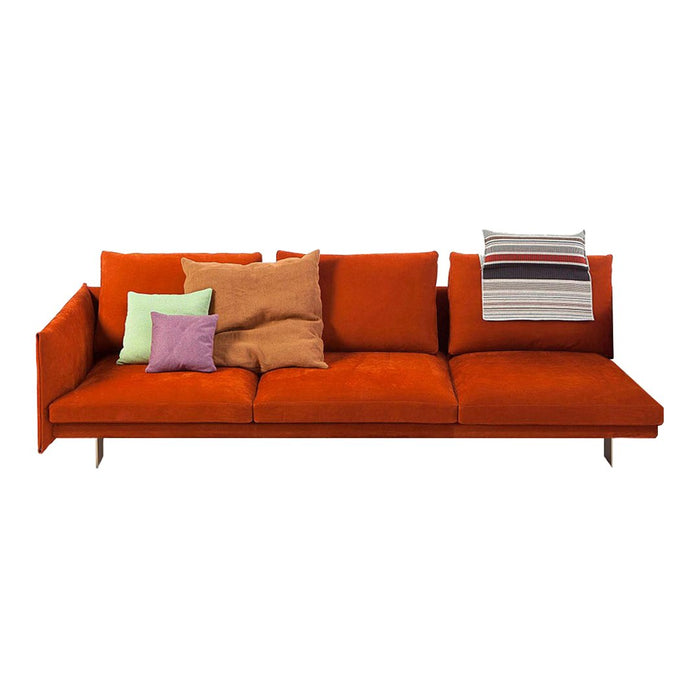Vibrant orange sofa with assorted throw pillows in green, beige, and striped patterns for a pop of color.