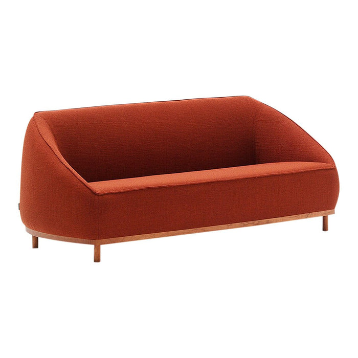 Rust-colored modern sofa with a sleek, minimalist design and smooth fabric texture. Perfect for contemporary living spaces.