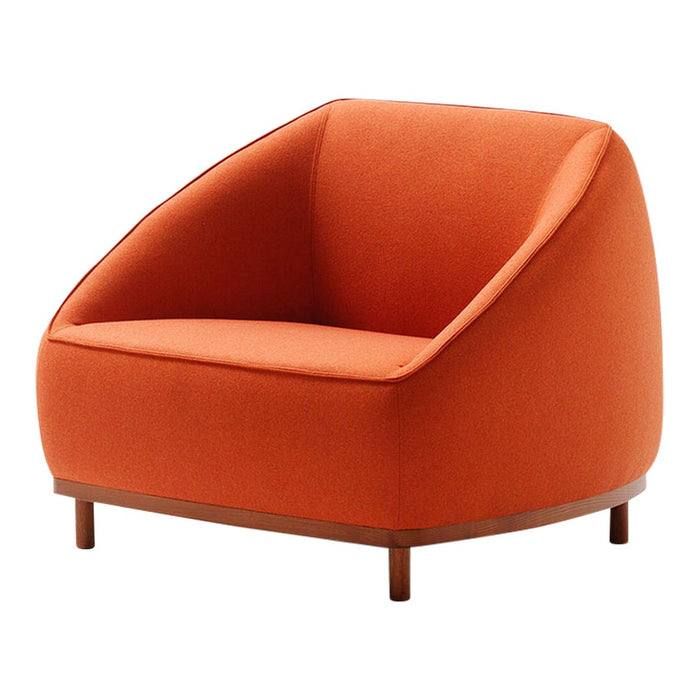 Orange upholstered chair with a minimalist design and smooth, curved outlines, resting on wooden legs.