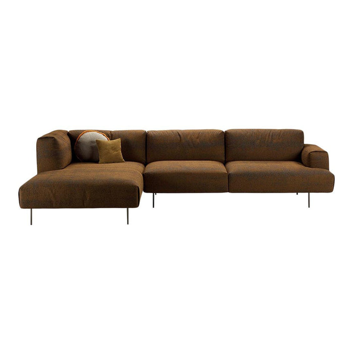 Brown sectional sofa with a smooth texture and modern design, featuring subtle variations in tone and a minimalist shape.