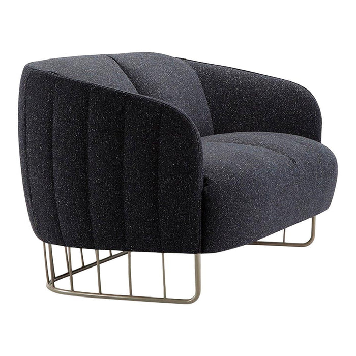Stylish charcoal gray fabric armchair with a curved, tufted design and elegant metal base.