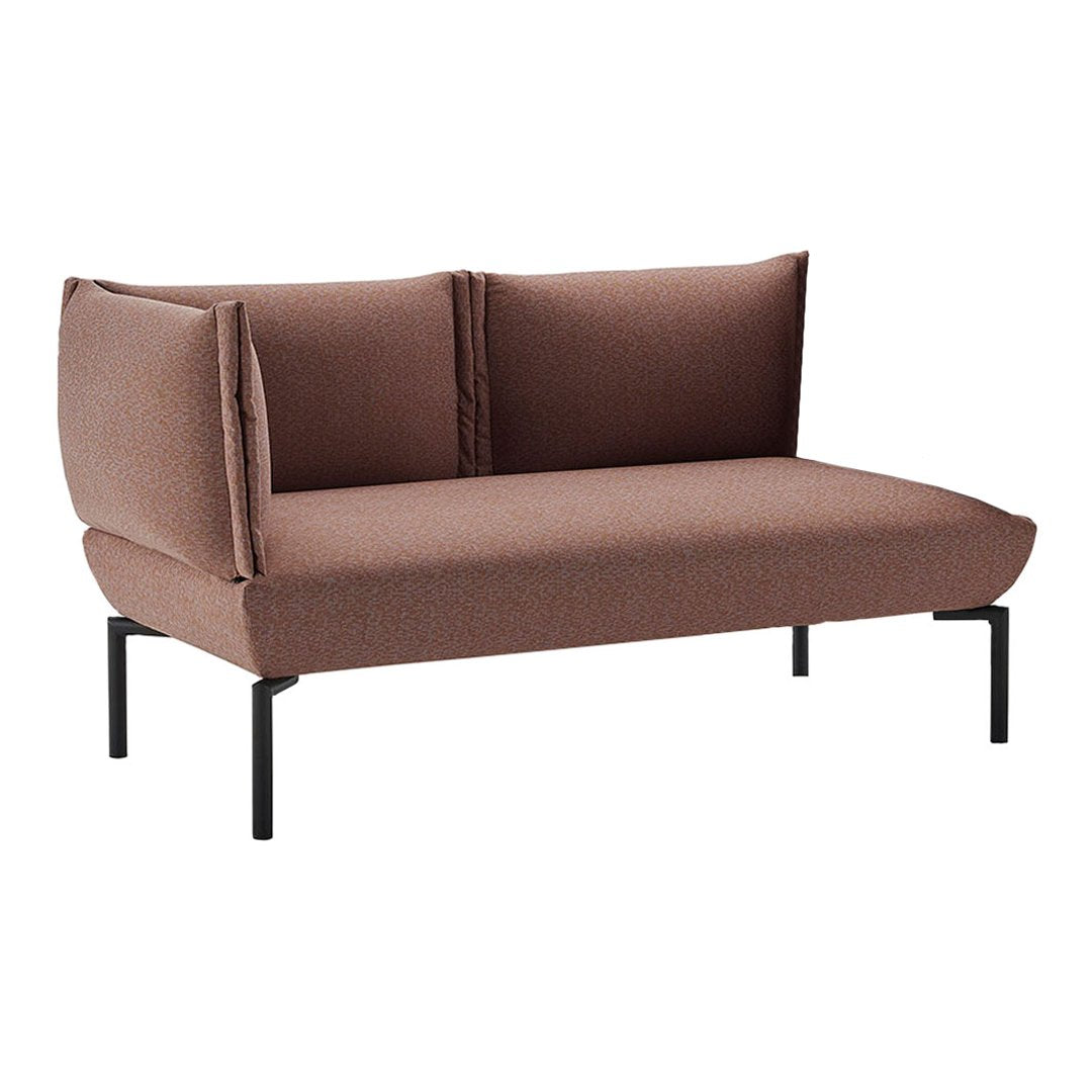 Brown fabric sofa with a minimalist design and black metal legs, featuring clean lines and a modern aesthetic.