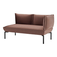 Brown fabric loveseat with structured cushions and a sleek black metal frame, ideal for modern interiors.