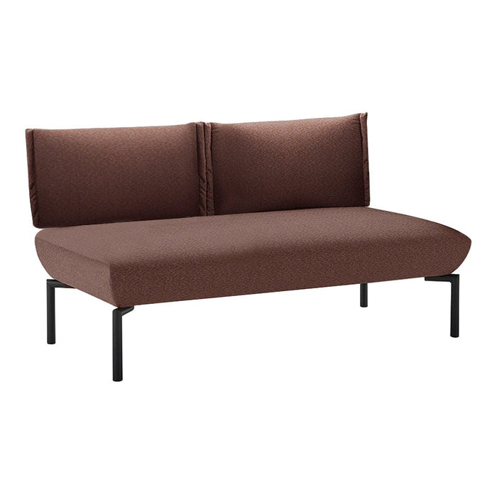 Brown fabric sofa with two plush, buttoned back cushions and sleek black legs. Perfect for modern decor.
