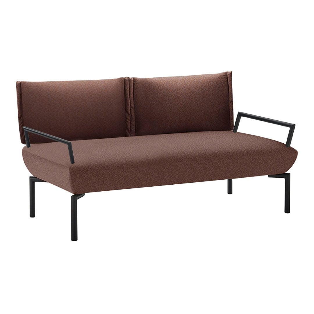 Brown upholstered sofa with sleek black metal frame, featuring clean lines and minimalist design. Perfect for modern decor.