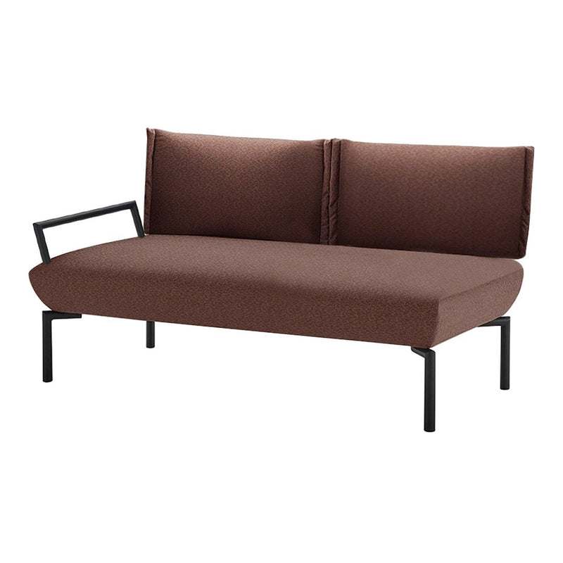 Brown upholstered sofa with a minimalist black metal frame, featuring clean lines and a modern design.