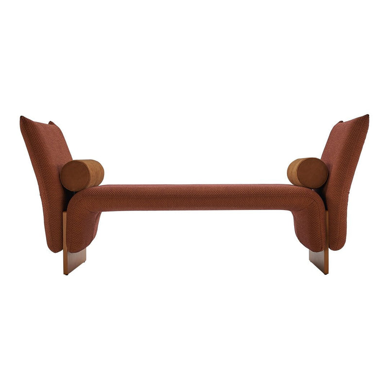 Rust-colored modern bench with smooth curves and rounded armrests, accented with a soft, textured upholstery.