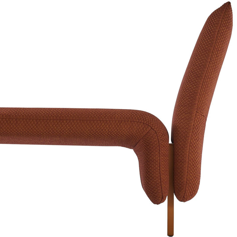 Sleek modern sofa in rich rust brown with textured woven pattern and stylish metal legs. Perfect for contemporary decor.