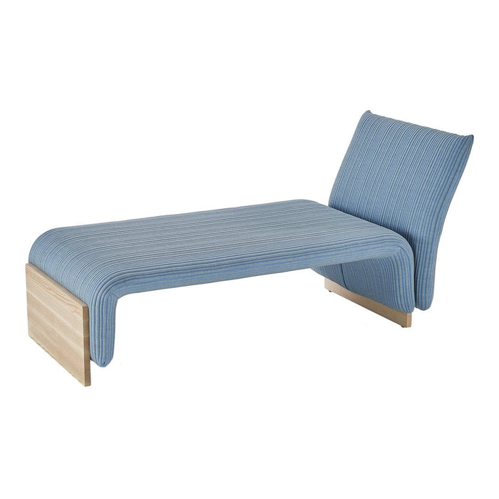 Blue-striped chaise lounge with a modern design and natural wood accents. Ideal for stylish relaxation.