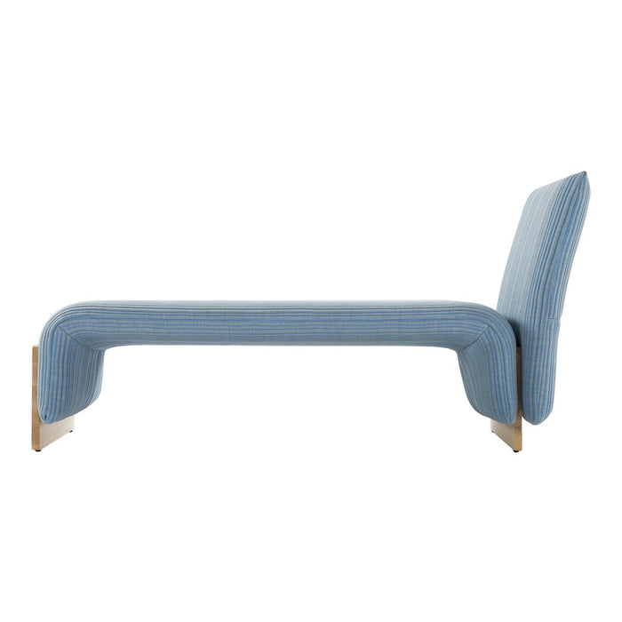 Stylish blue chaise lounge with subtle ribbed pattern and smooth wooden legs, perfect for modern interiors.
