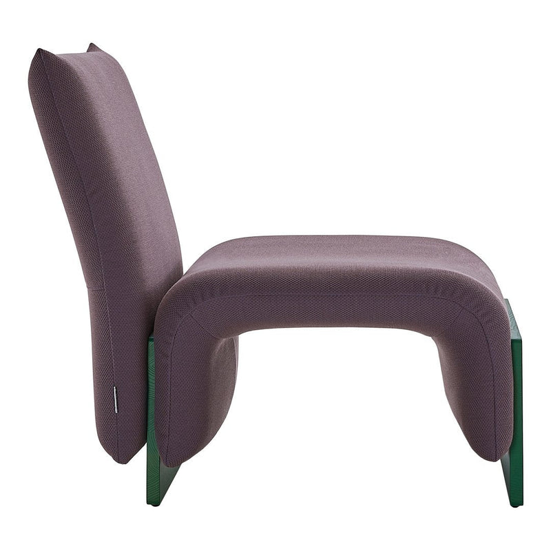 Purple upholstered chair with smooth curves and contrasting green legs. Modern design for stylish interiors.
