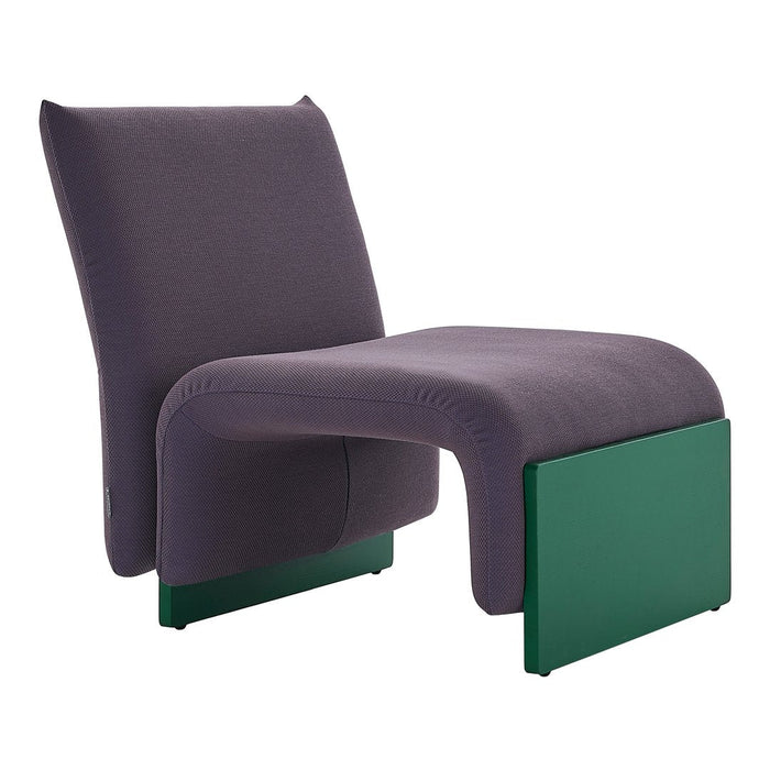 Modern chair in rich purple fabric with sleek green acrylic accents. Soft lines and minimalist design for contemporary decor.