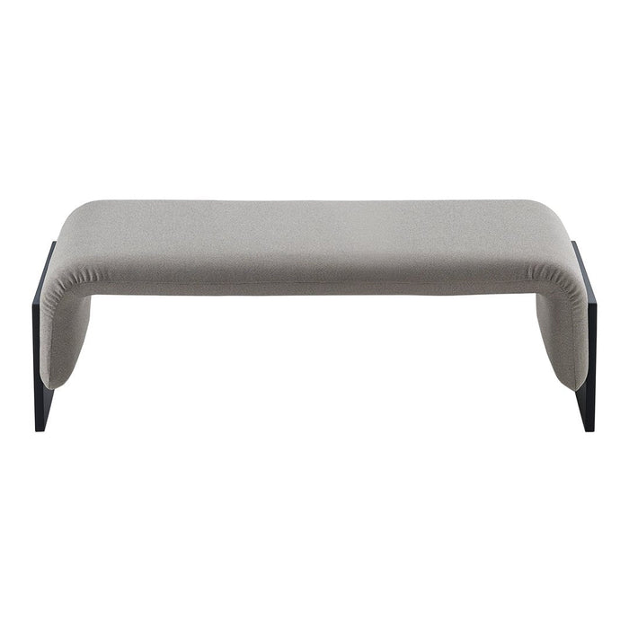 Minimalist gray fabric bench with smooth upholstery and sleek black legs, perfect for modern interiors.