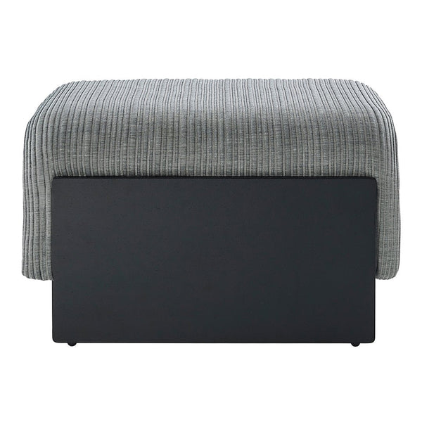 Gray ribbed fabric storage ottoman with a sleek black base, perfect for modern decor.