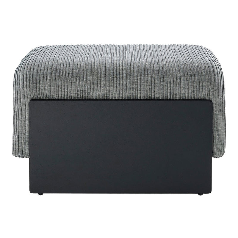Gray ribbed fabric storage ottoman with a sleek black base, perfect for modern decor.