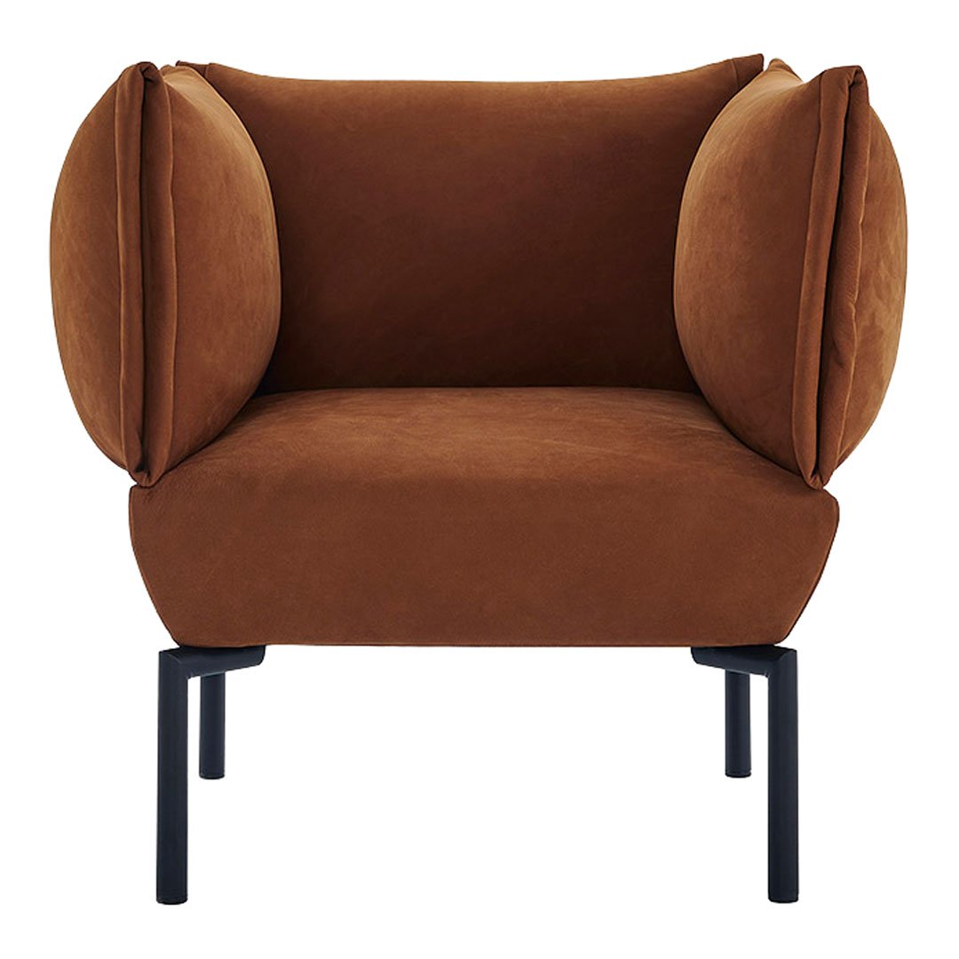 Brown velvet accent chair with plush rounded armrests and sleek black metal legs. Elegant and modern design.