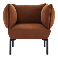 Brown velvet accent chair with plush rounded armrests and sleek black metal legs. Elegant and modern design.