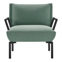 Mint green upholstered chair with sleek black metal frame and minimalist design. Perfect for modern interiors.