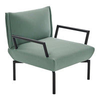 Mint green upholstery with a smooth texture and sleek black metal frame. Modern, minimalist design perfect for contemporary spaces.