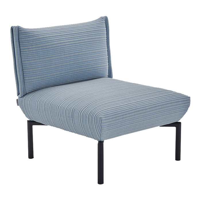 Light blue striped accent chair with a modern black metal frame. Ideal for contemporary interiors.