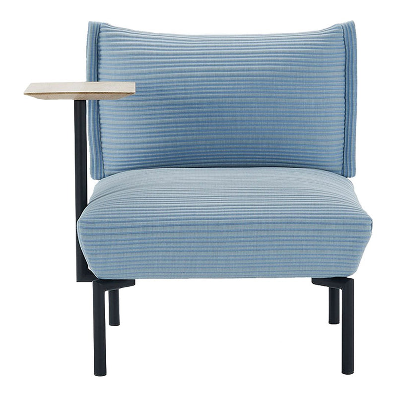 Light blue ribbed fabric chair with a minimalist wooden armrest and black metal frame. Ideal for modern decor.