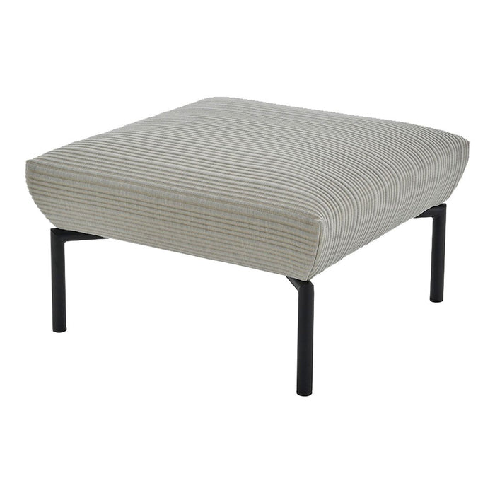 Striped ottoman with soft gray and beige tones on a sleek black metal frame. Elegant, modern design for any decor.