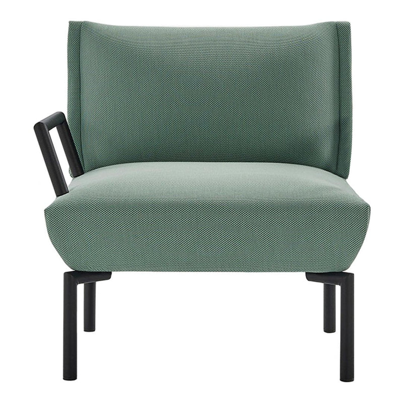 Mint green fabric armchair with a modern design and black metal legs, featuring a sleek and minimalist aesthetic.